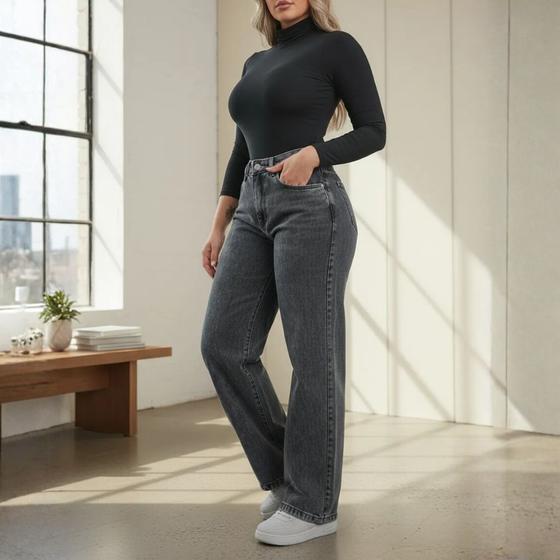 Calça Jeans Feminina Wide Leg Pantalona Cinza Grafite - NoBrand